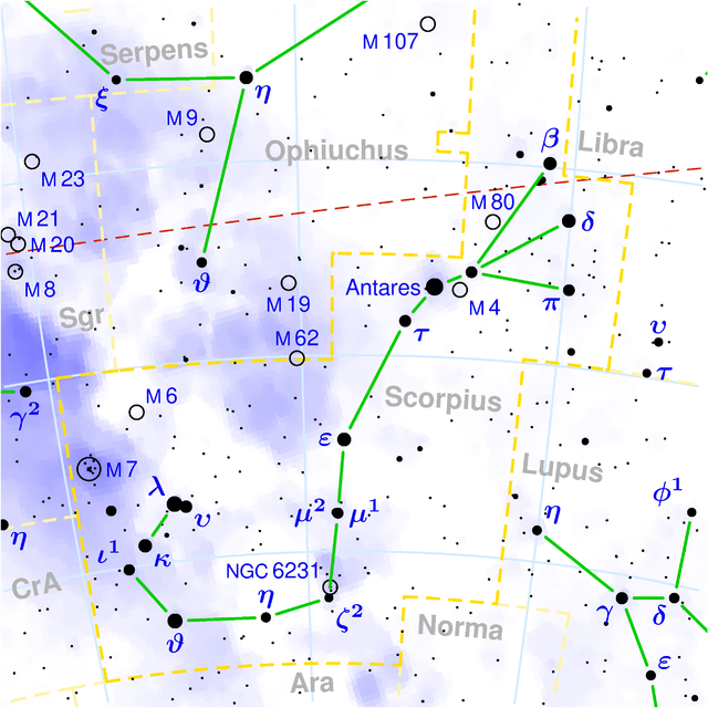 3 stars: alpha (Antares), sigma, tau Scorpio Накшатра Jyestha